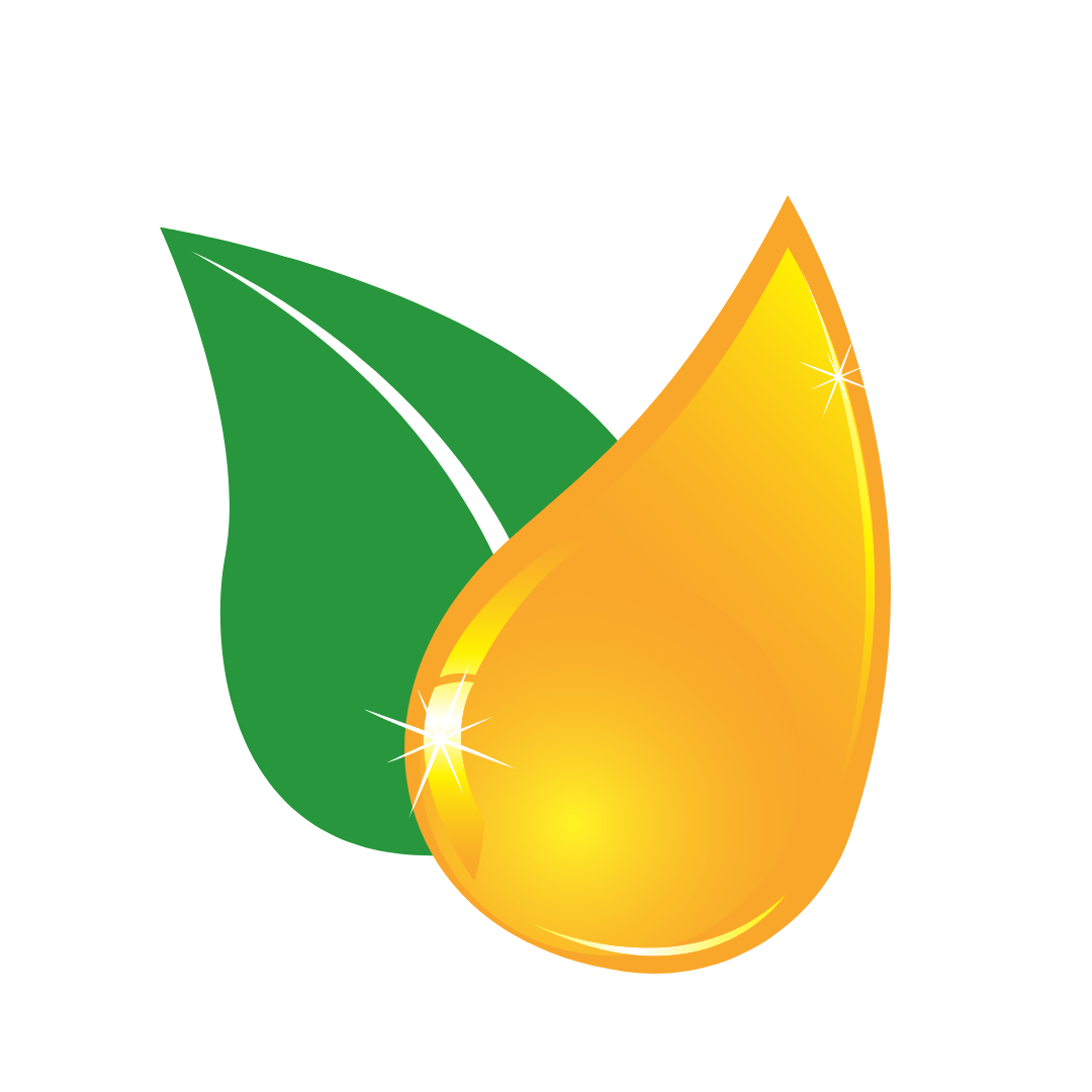 A bright yellow liquid drop partially overlapping a green leaf, symbolizing natural or plant-based oil.