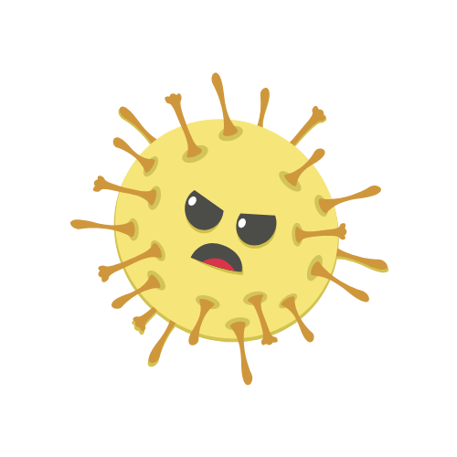 Angry yellow cartoon virus with spiky protrusions on a white background