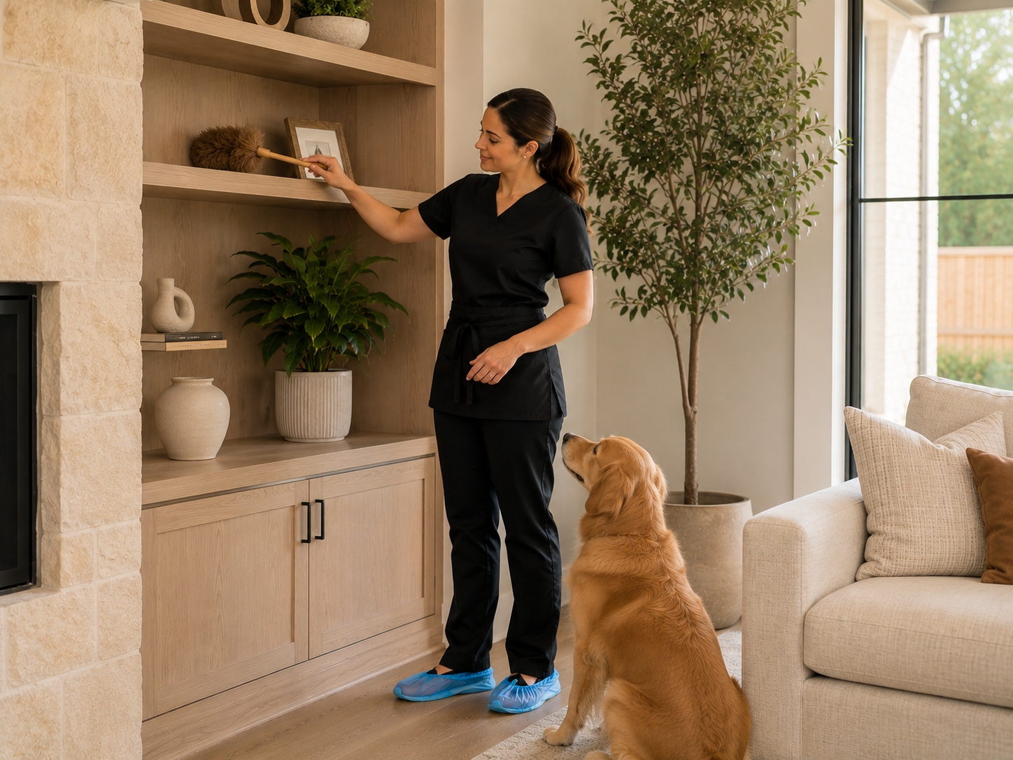 Cleaner dusting living room shelves during a recurring home cleaning visit