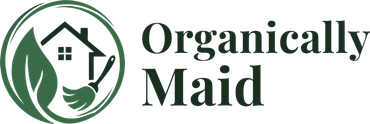 Organically Maid logo with green leaf, yellow drop, and “Essential Oil Home Cleaning” text