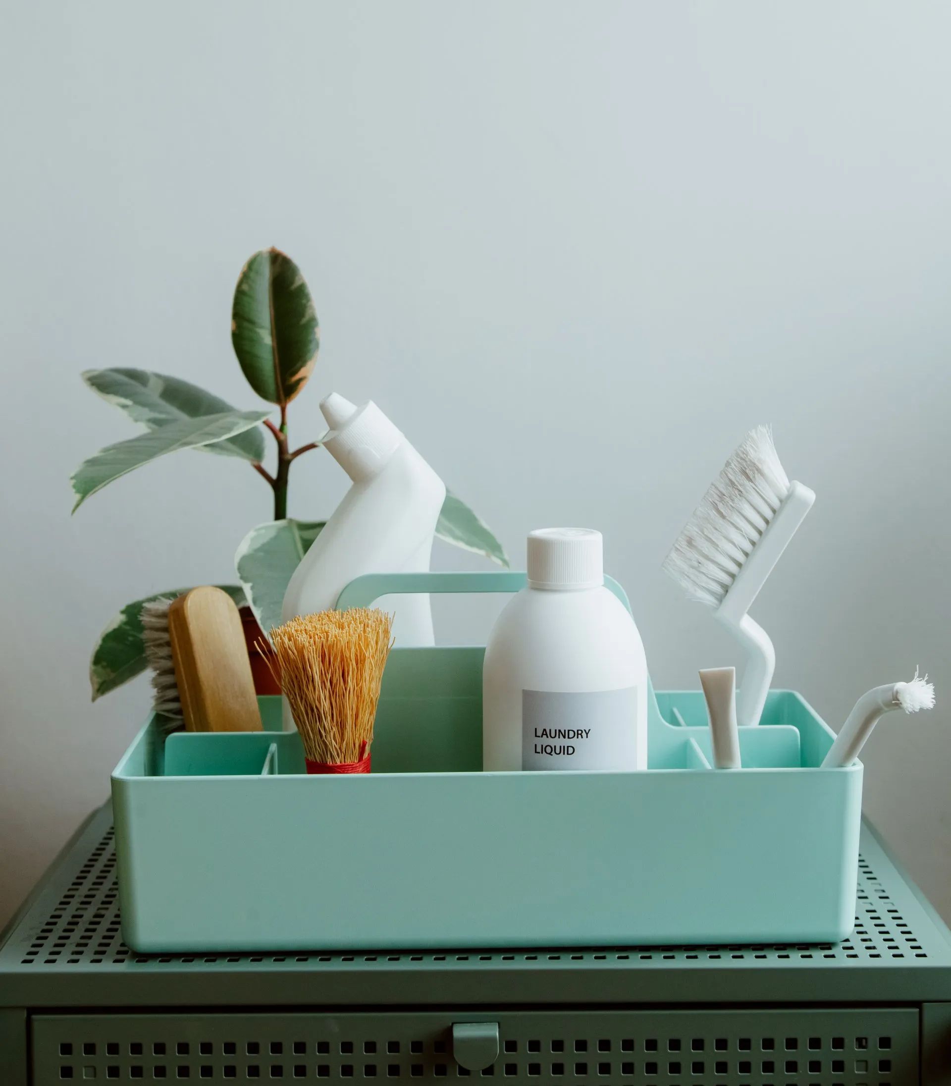 Mint-green caddy with toothbrushes, toothpaste, soap dispenser, and cleaning tools on a shelf