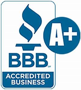 BBB Accredited Business A+ badge with blue logo and white text on a blue background