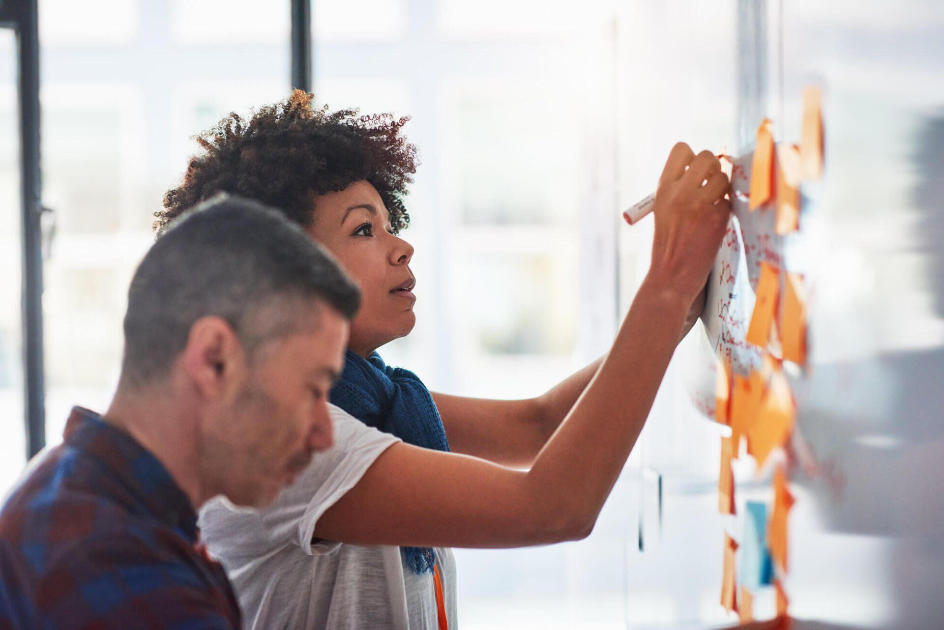 A man and a woman putting post-it notes onto a white board in an office