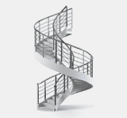 Un escalier en colimaçon avec une rampe métallique sur fond blanc.