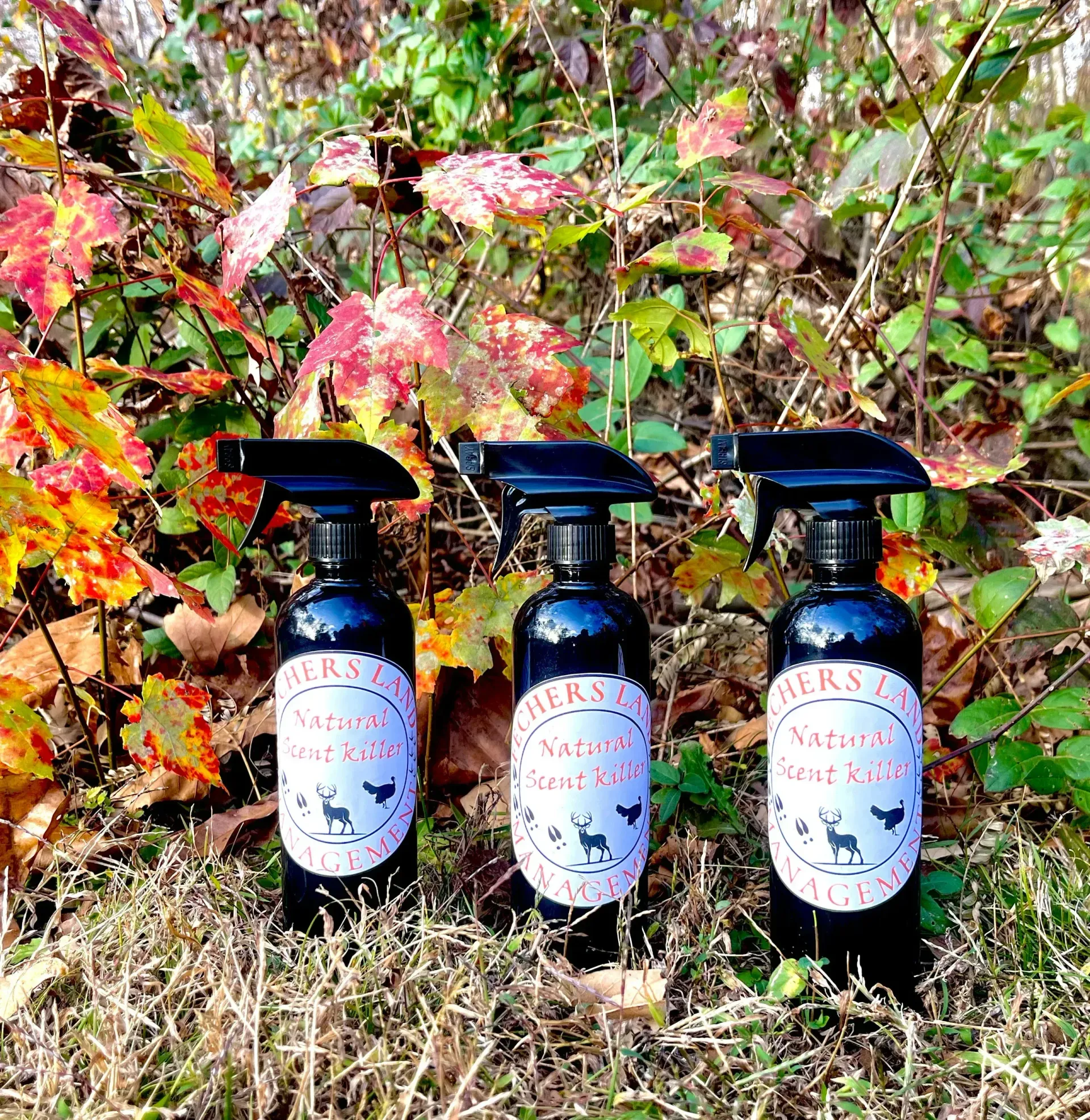Three black spray bottles with white labels sit outdoors amid colorful fall foliage.