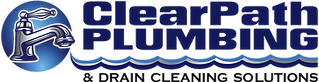 Logo for ClearPath Plumbing with a faucet and wave graphic.