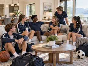 A group of friends chatting in a bright living room with a coffee table, sports balls, and a basketball on the floor.