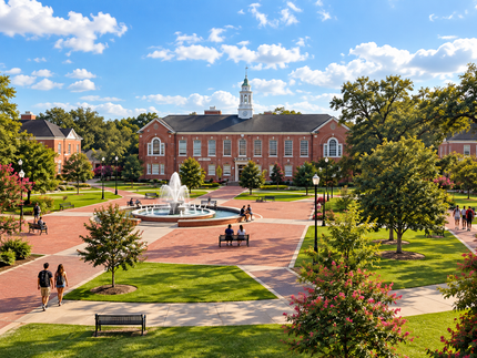Campus courtyard with a fountain, brick building, trees, and people walking under a blue sky