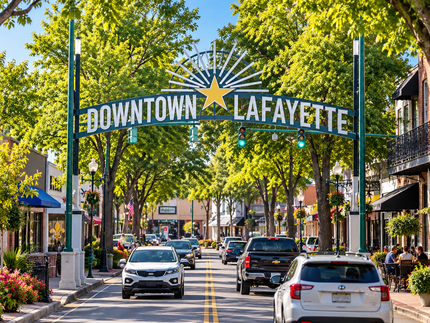 Downtown Lafayette street scene with cars beneath a tree-lined sign and colorful storefronts