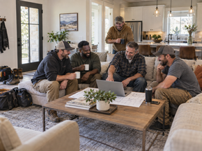 Group of coworkers gathered around a laptop in a bright living room, discussing plans over a table.