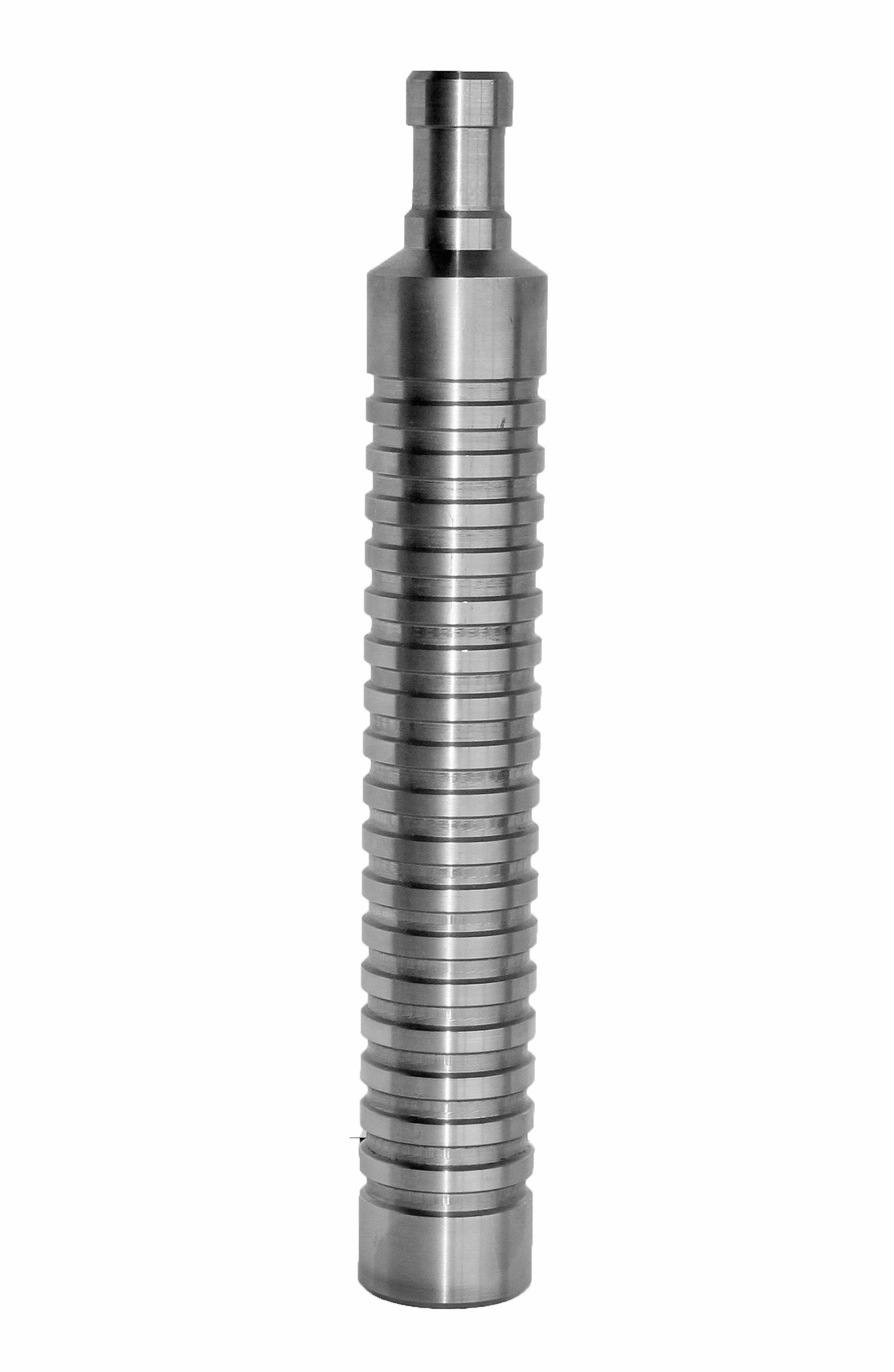 Metal cylindrical tool with horizontal ridges, possibly a part of machinery.
