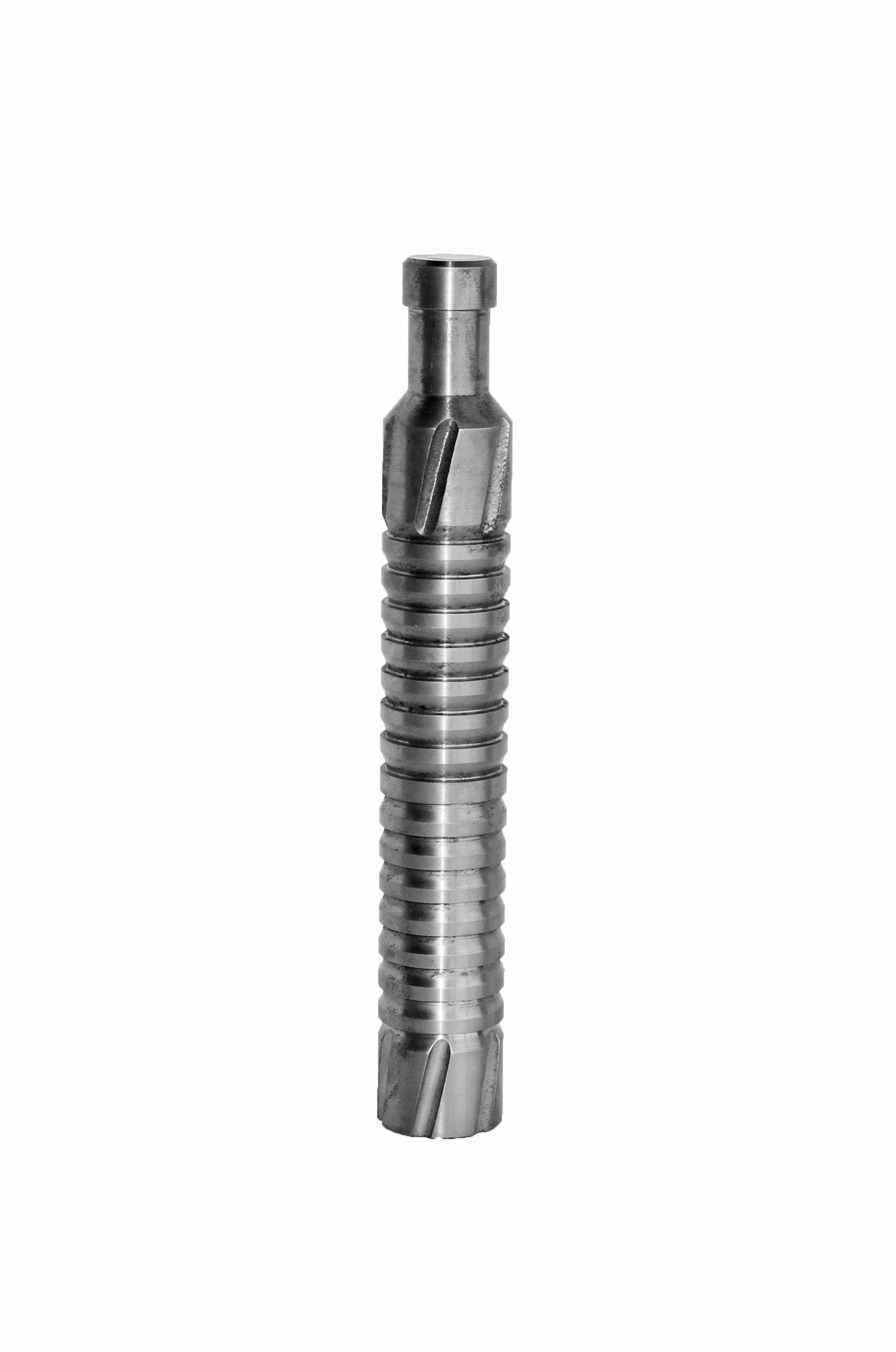 Metal dental implant tool, grooved and tapered for insertion into bone.