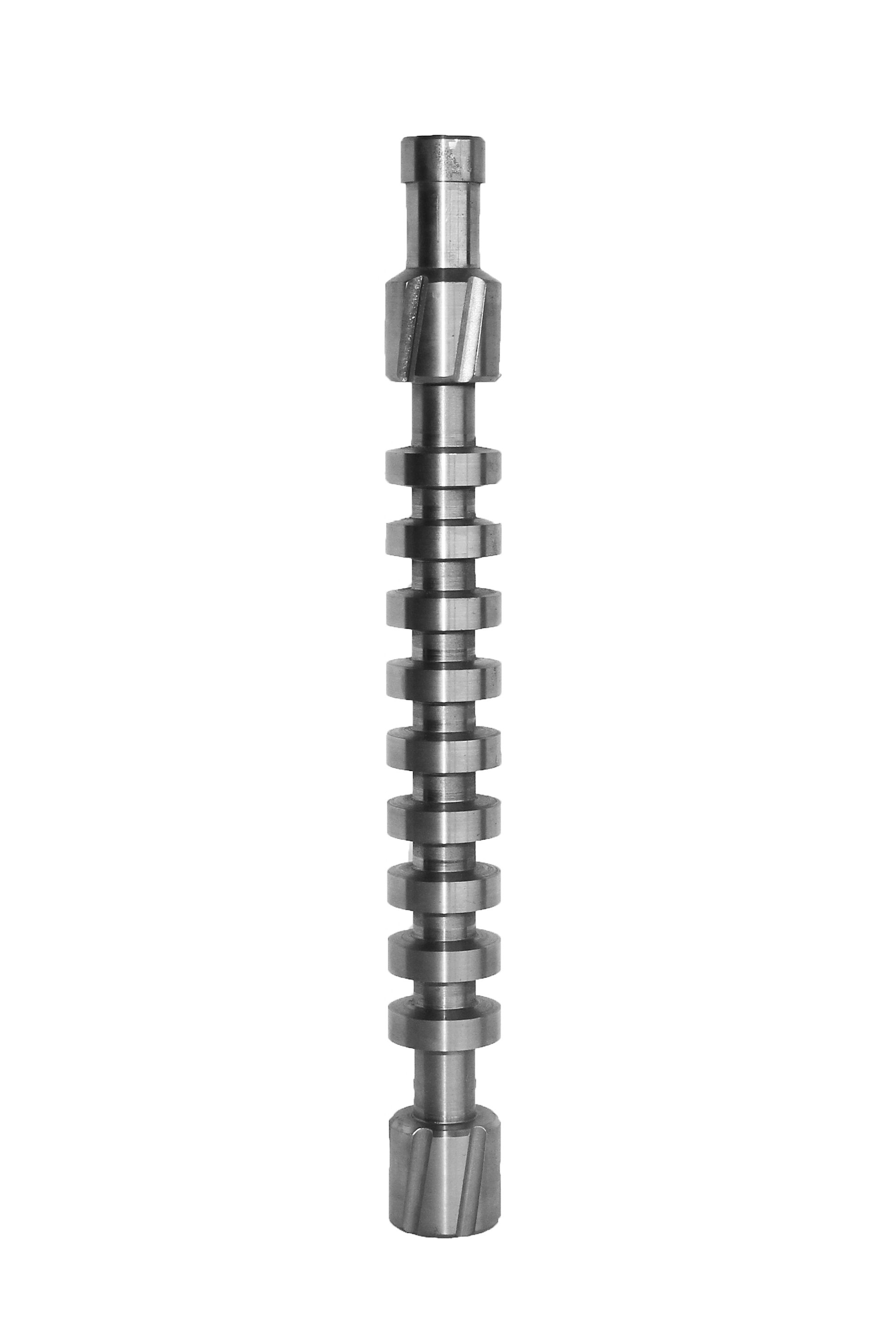 Camshaft with evenly spaced lobes.
