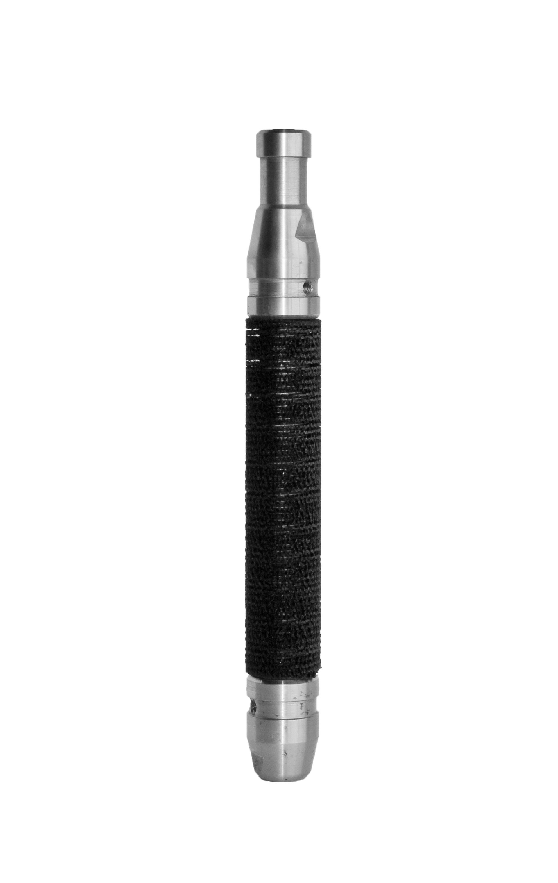 Metallic, cylindrical tool with a textured, black grip section.