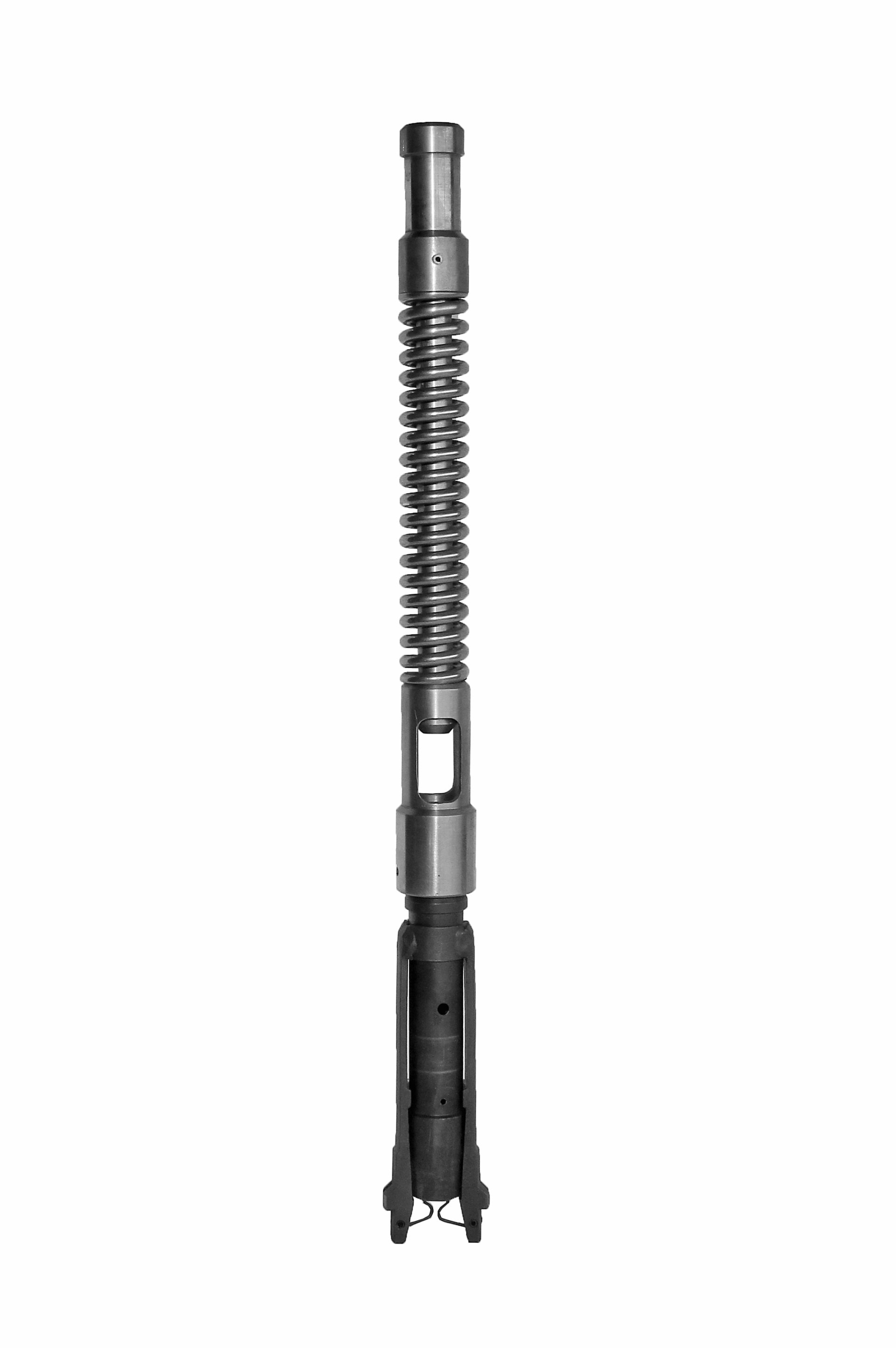 A black metal firearm bolt assembly with a long spring, isolated on white.