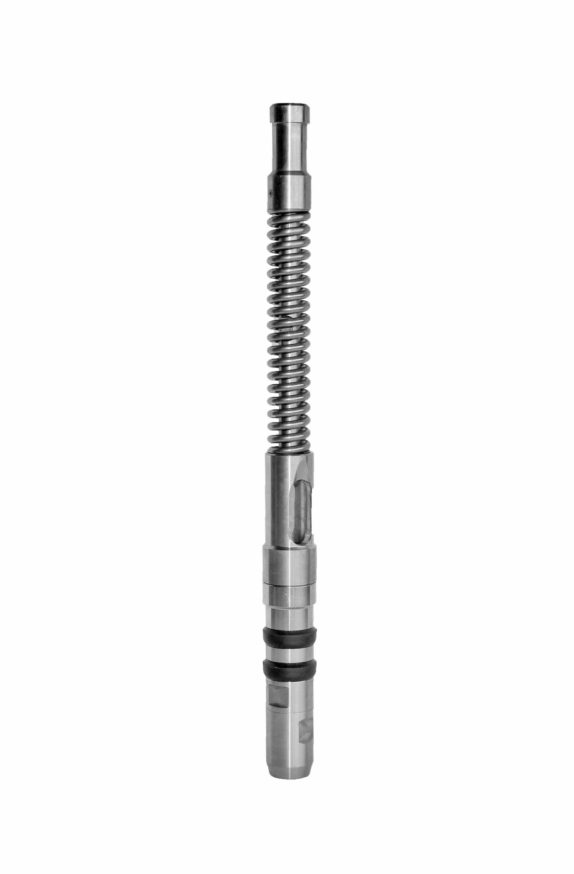 Silver metal flexible shaft with spring and connected components.