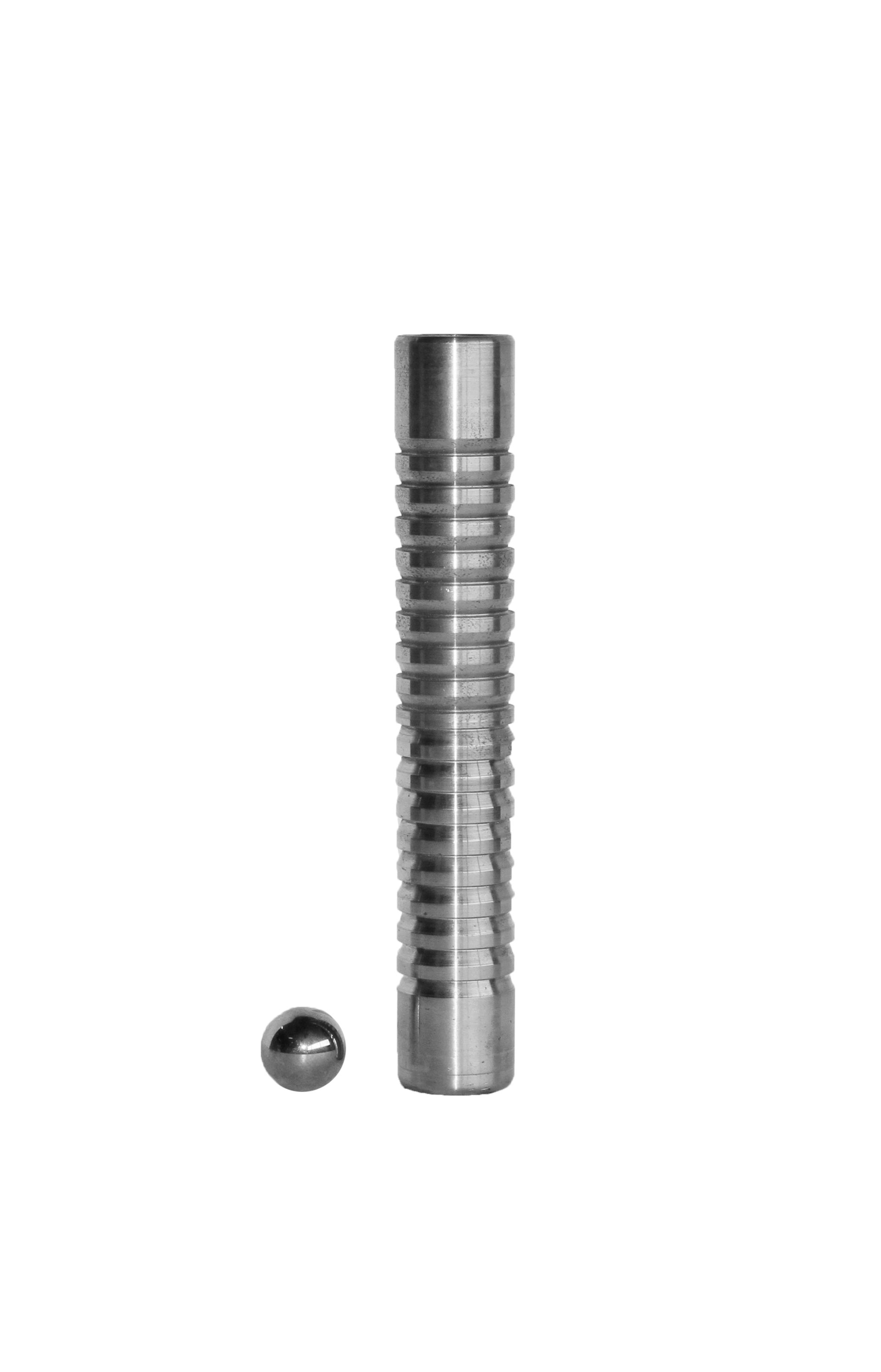 Silver metal tube with horizontal grooves and a small metal ball on a white background.