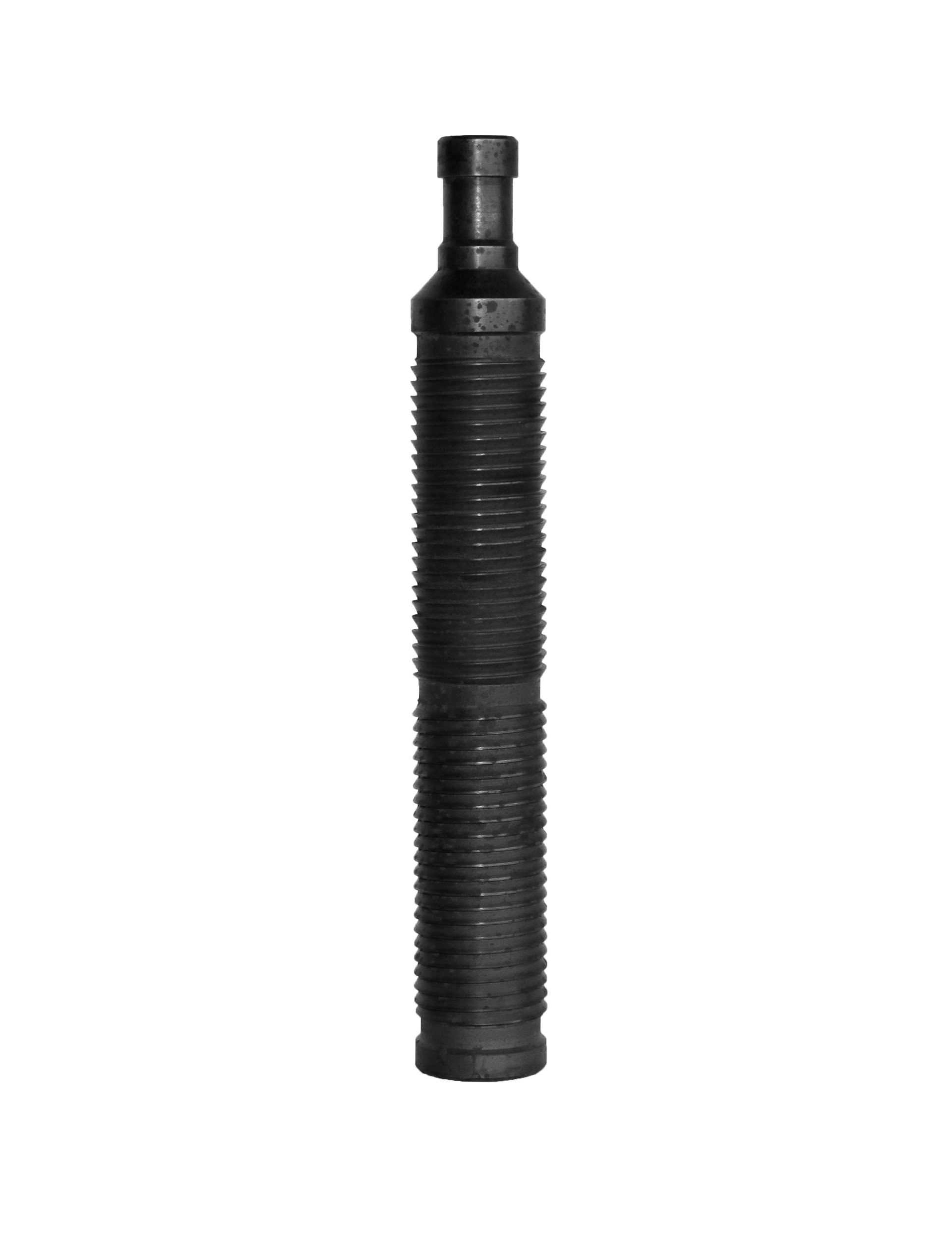Black, cylindrical, ribbed tire valve stem with a threaded top and bottom.