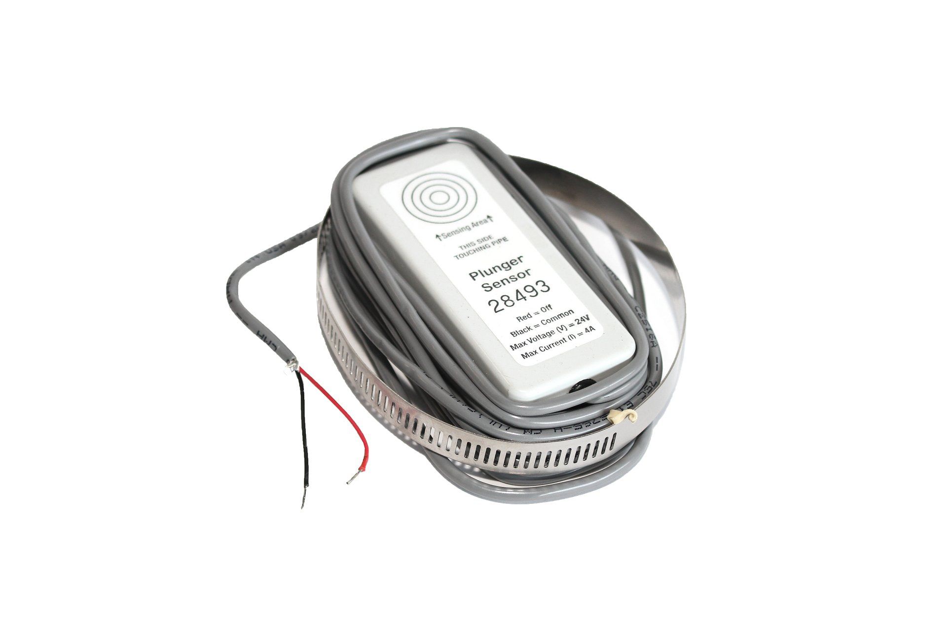 A gray water level sensor with a wire and metal clamp.