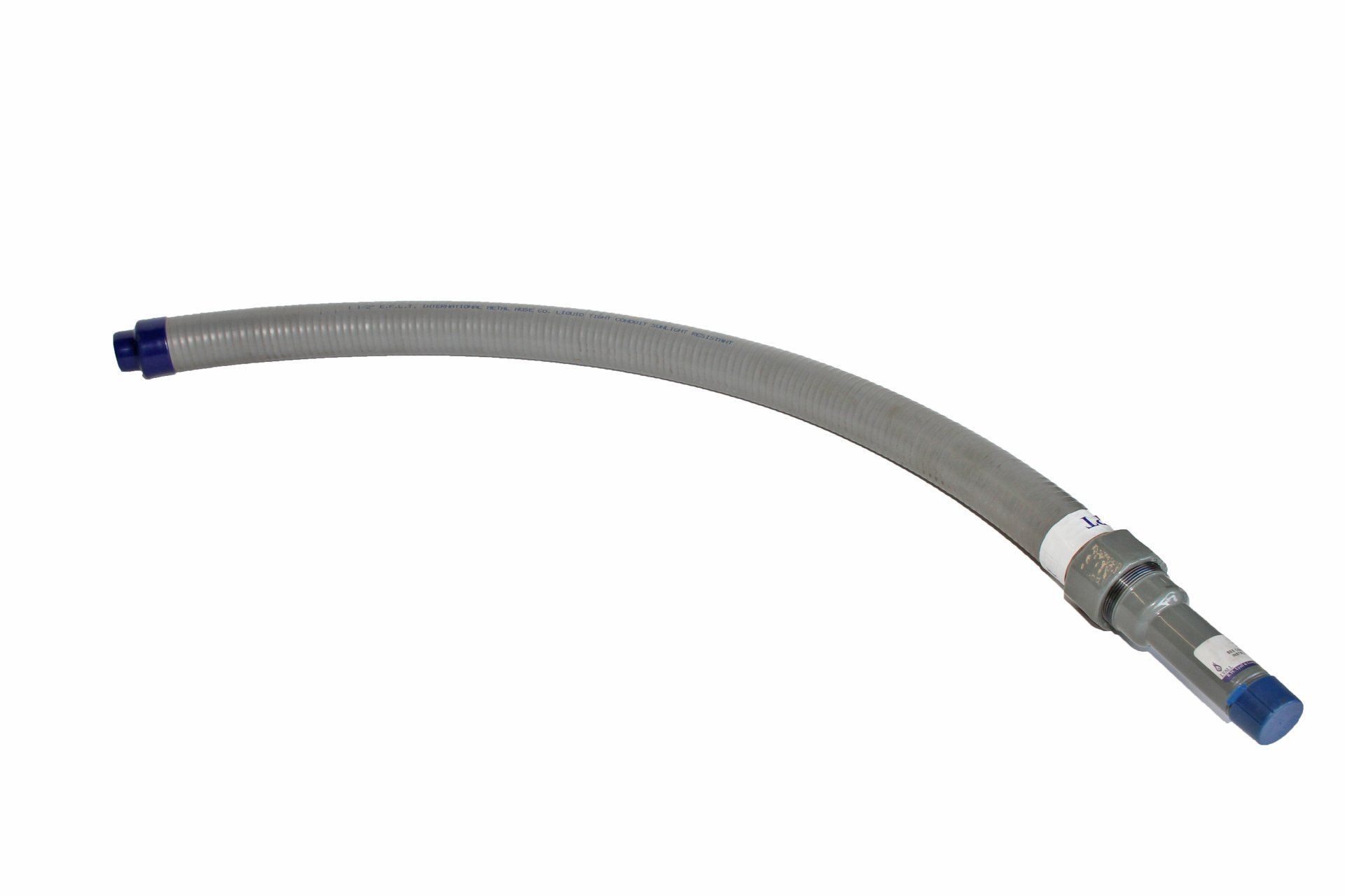 Flexible gray medical hose with blue connectors.