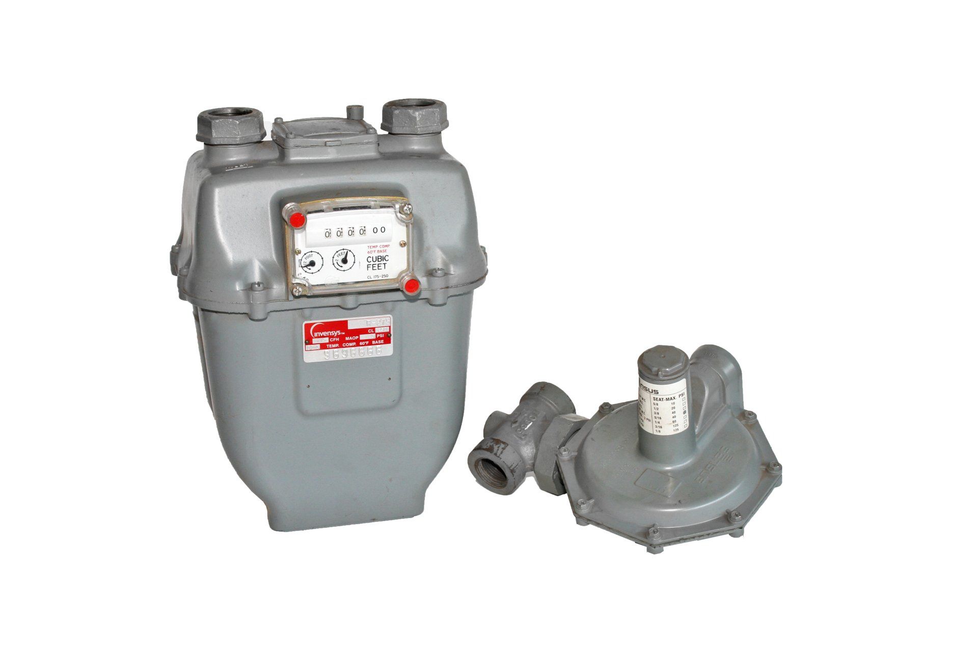 Gas meter and regulator; gray, with numbers visible.