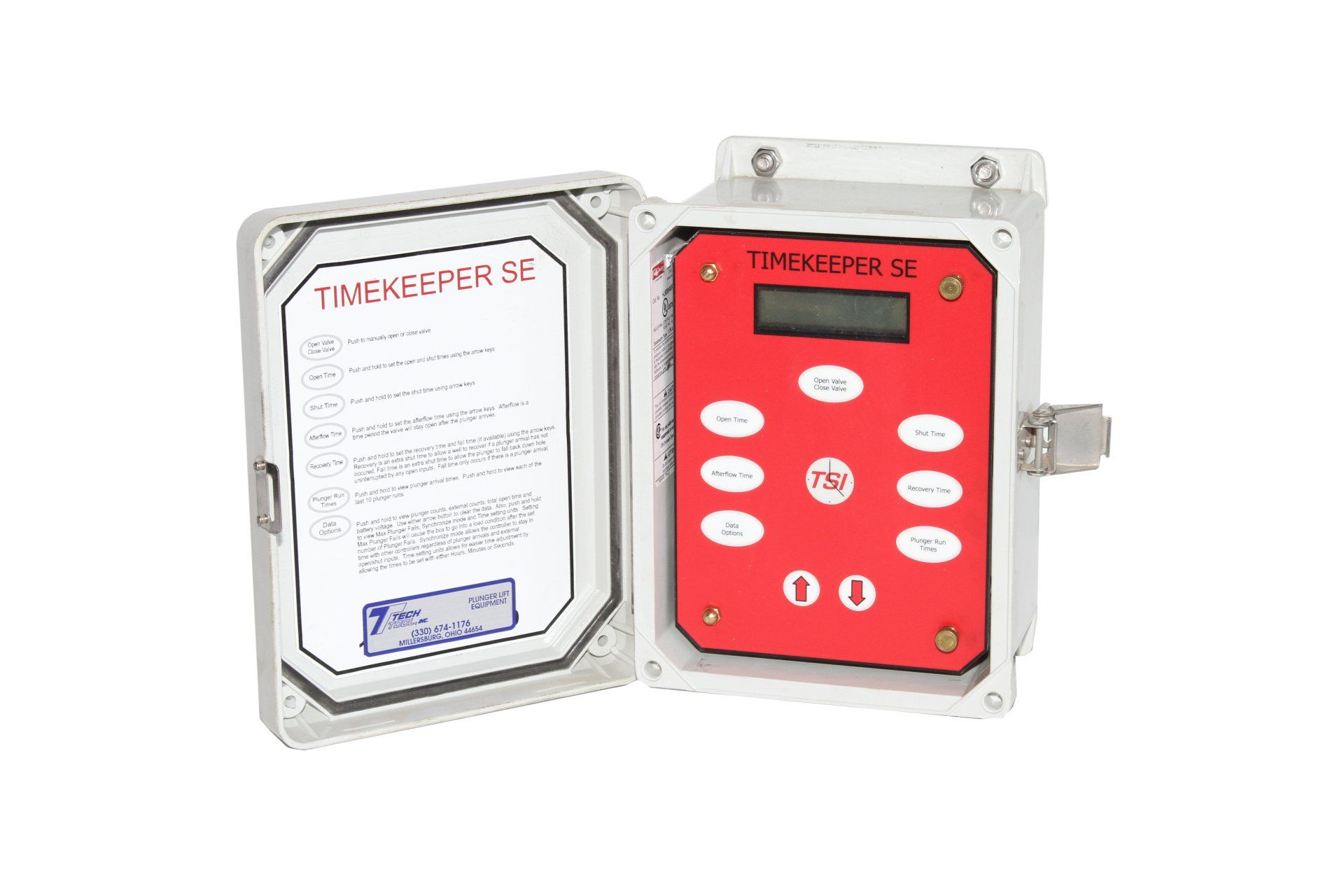 Open, gray industrial enclosure with red control panel, digital display, and buttons; information sheet inside.
