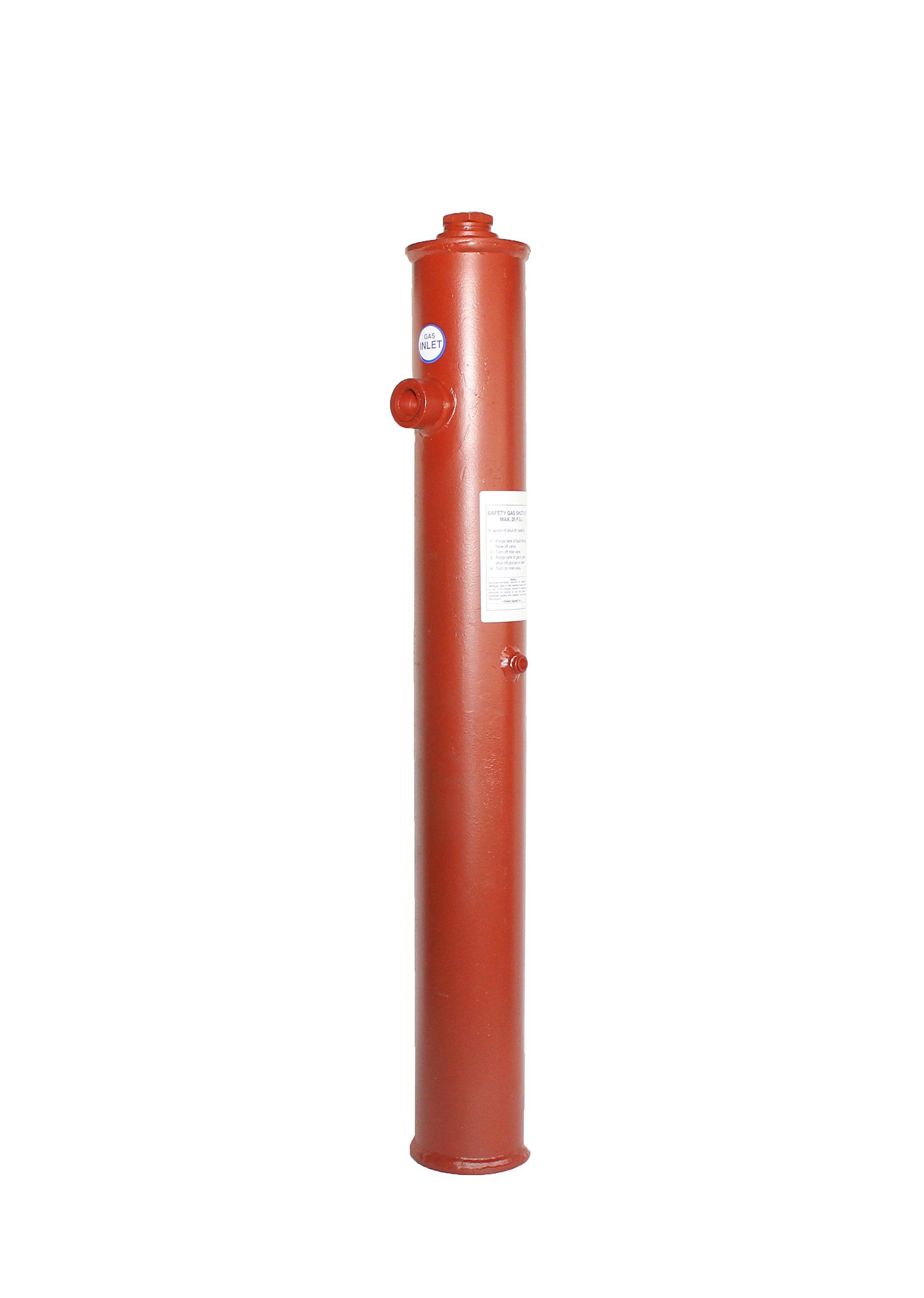 Red cylindrical hydraulic cylinder with fittings, label, and connections.