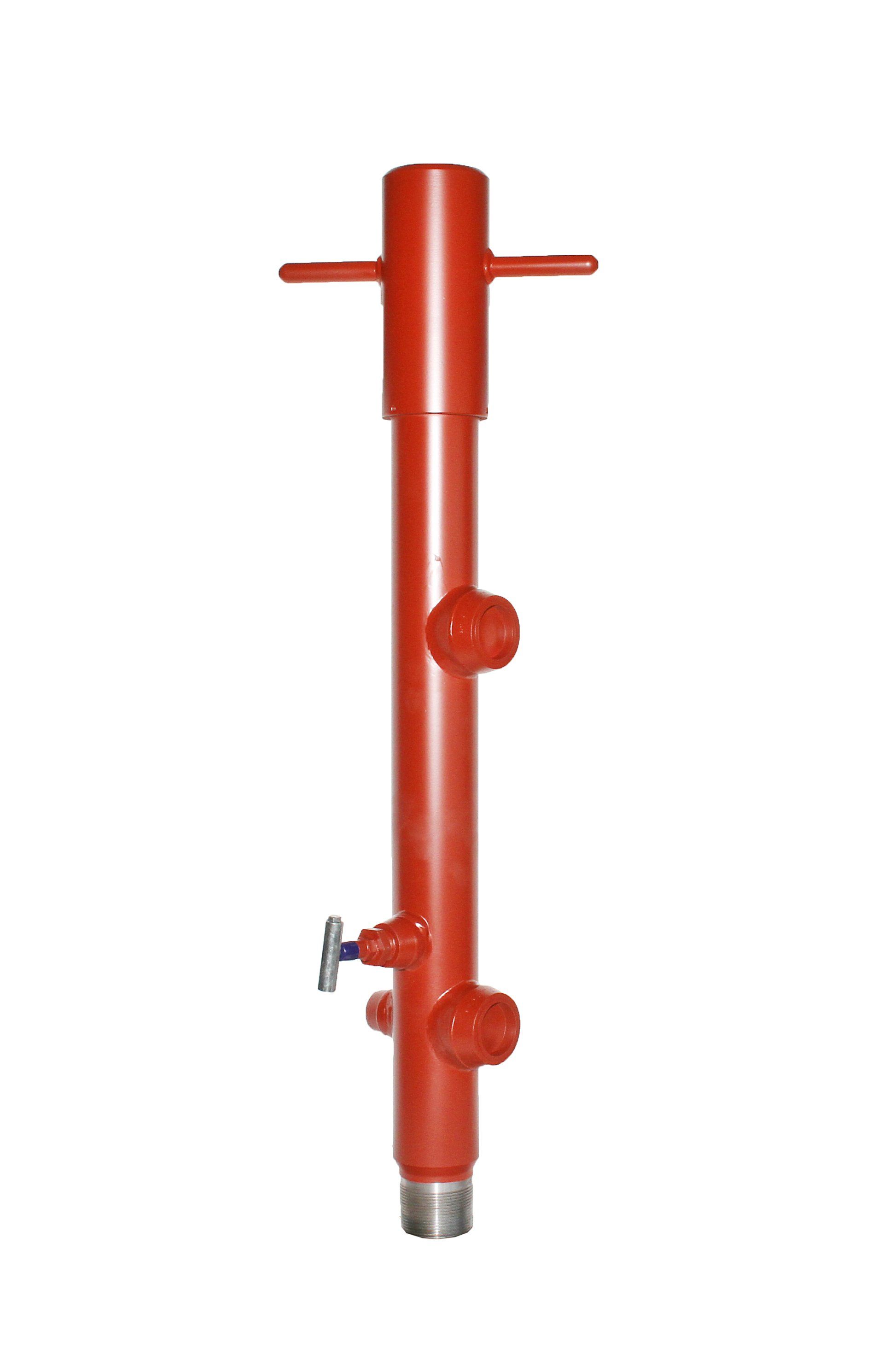 Red, cylindrical fire hydrant with a handle and valves.
