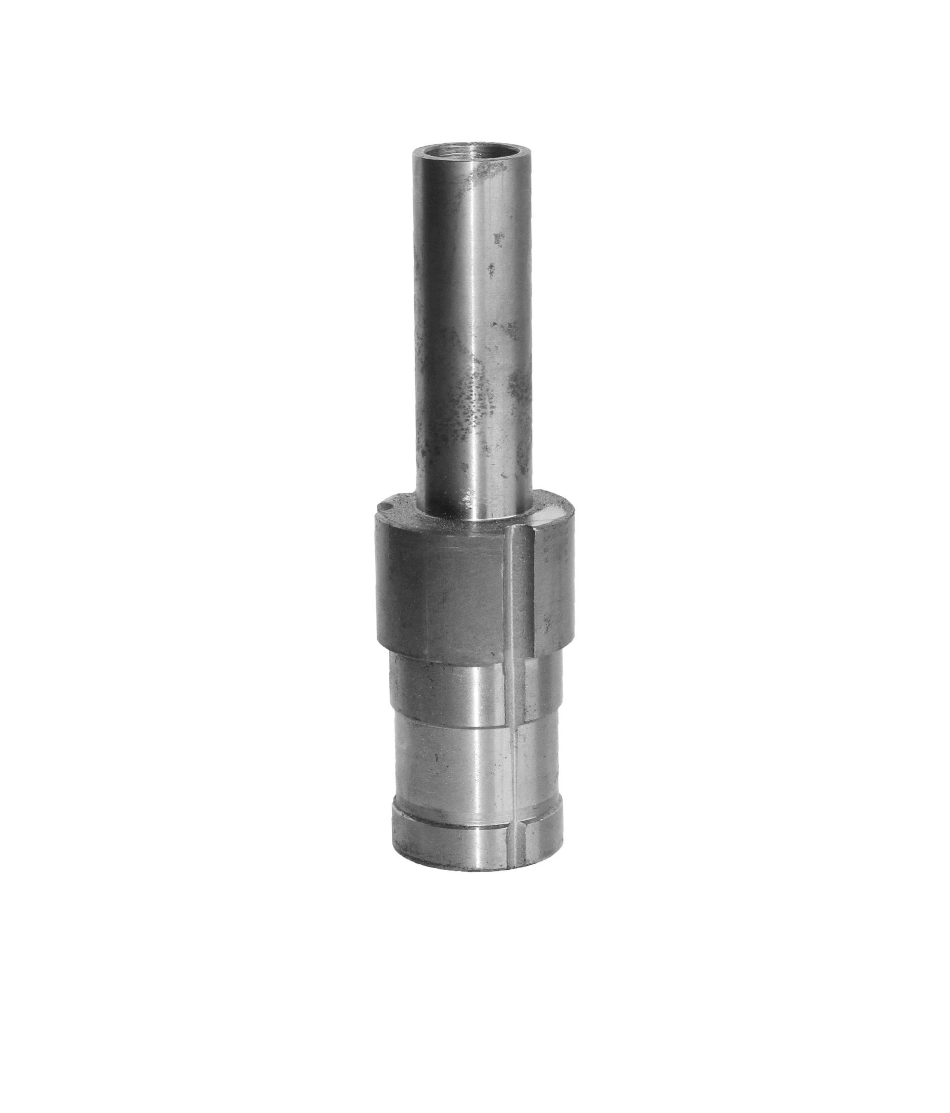 Metal cylindrical tool with varying diameters, ribbed sections, and a hollow top.