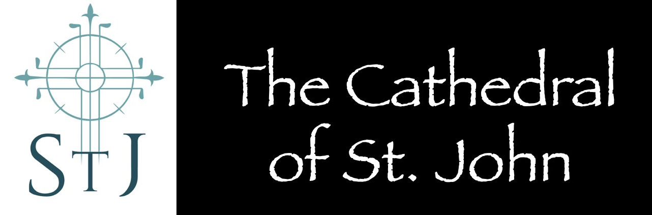 Logo for The Cathedral of St. John, with a teal compass cross and “ST J” on a white square background.