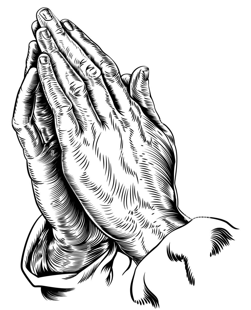 Two hands pressed together in a prayer gesture, black-and-white illustration.