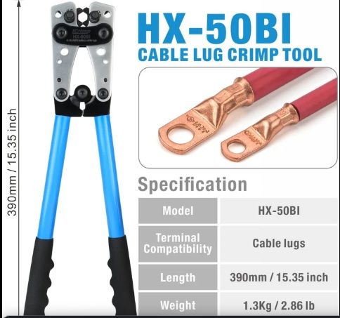 HX-50BI cable lug crimp tool with blue handles and copper cable lugs; product specification graphic