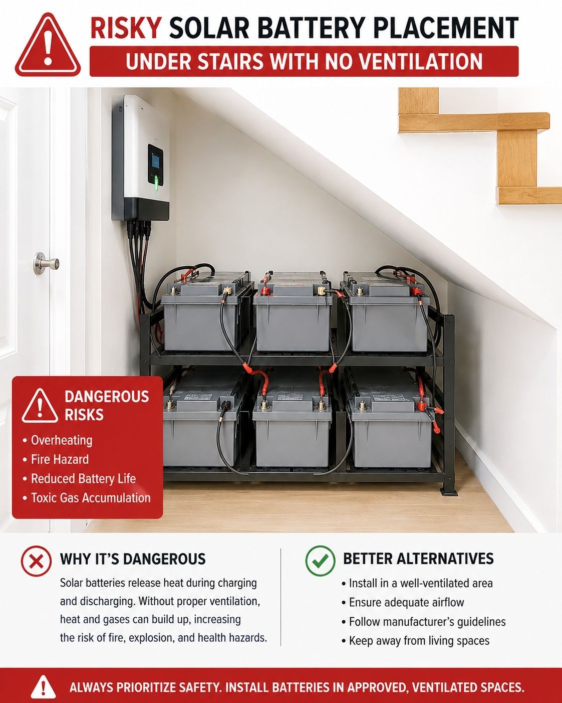 Infographic warning of risky solar battery placement under stairs with no ventilation, showing battery bank and safety tips