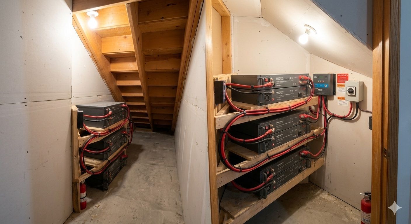 Basement with stacked battery banks and exposed cables beneath a wooden staircase