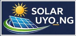 Solar UYQ.NG logo with sun, solar panel, and green-blue swoosh on dark blue background