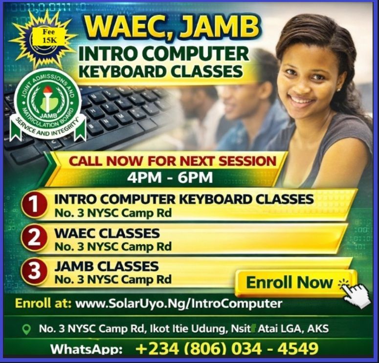 WAEC, JAMB intro computer keyboard classes flyer with smiling student, call now, contact details, green-yellow design
