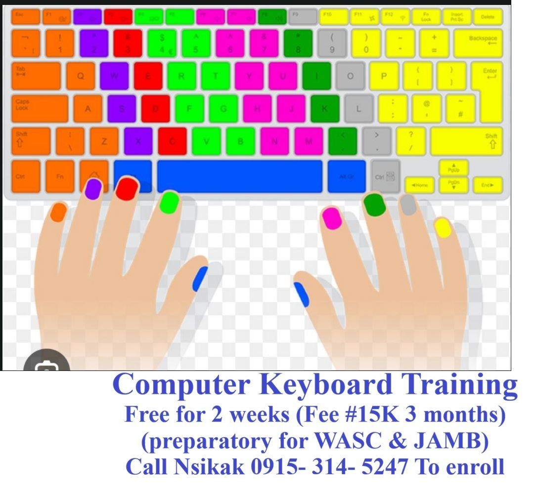 Colorful keyboard training flyer with hands on a computer keyboard and course details at the bottom