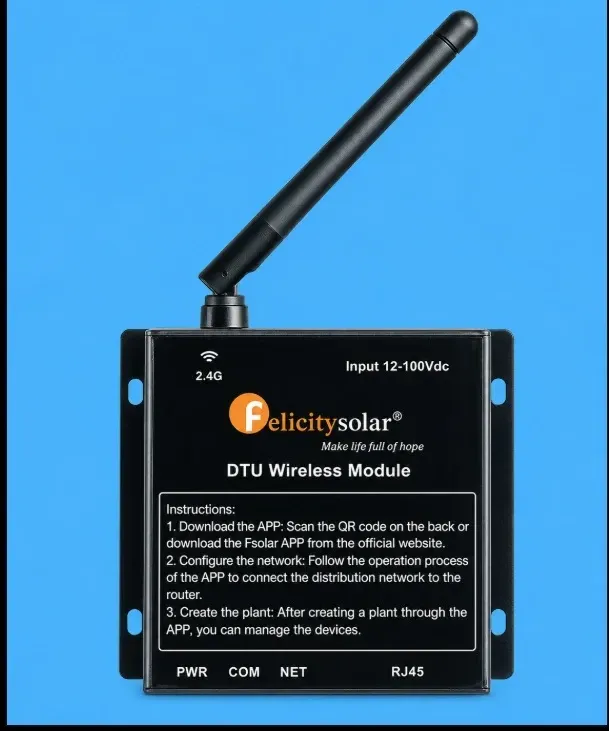 Black Felicity Solar DTU wireless module with antenna on blue background