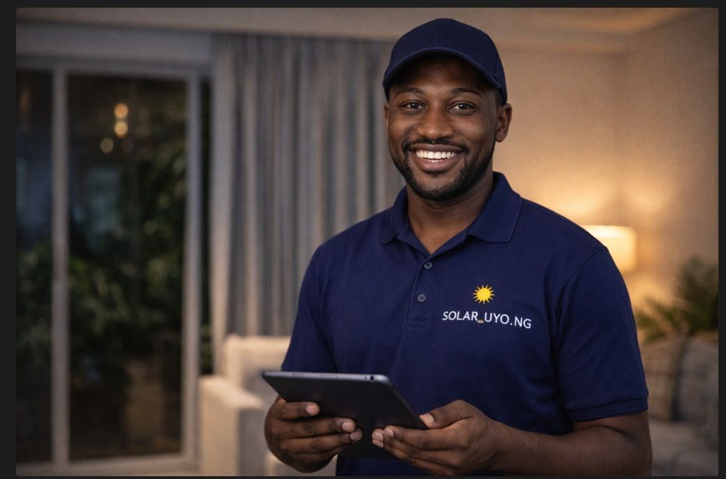 Smiling man in a navy polo and cap holding a tablet in a warmly lit living room