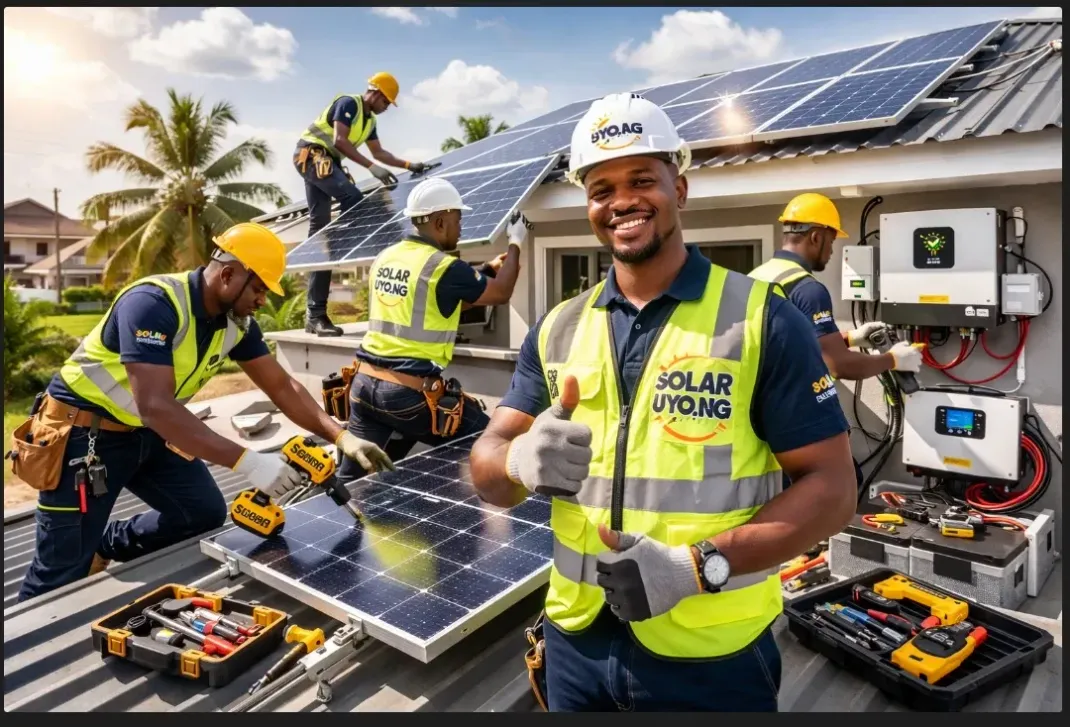 Solar installers working on rooftop panels with tools and batteries, one smiling at the camera