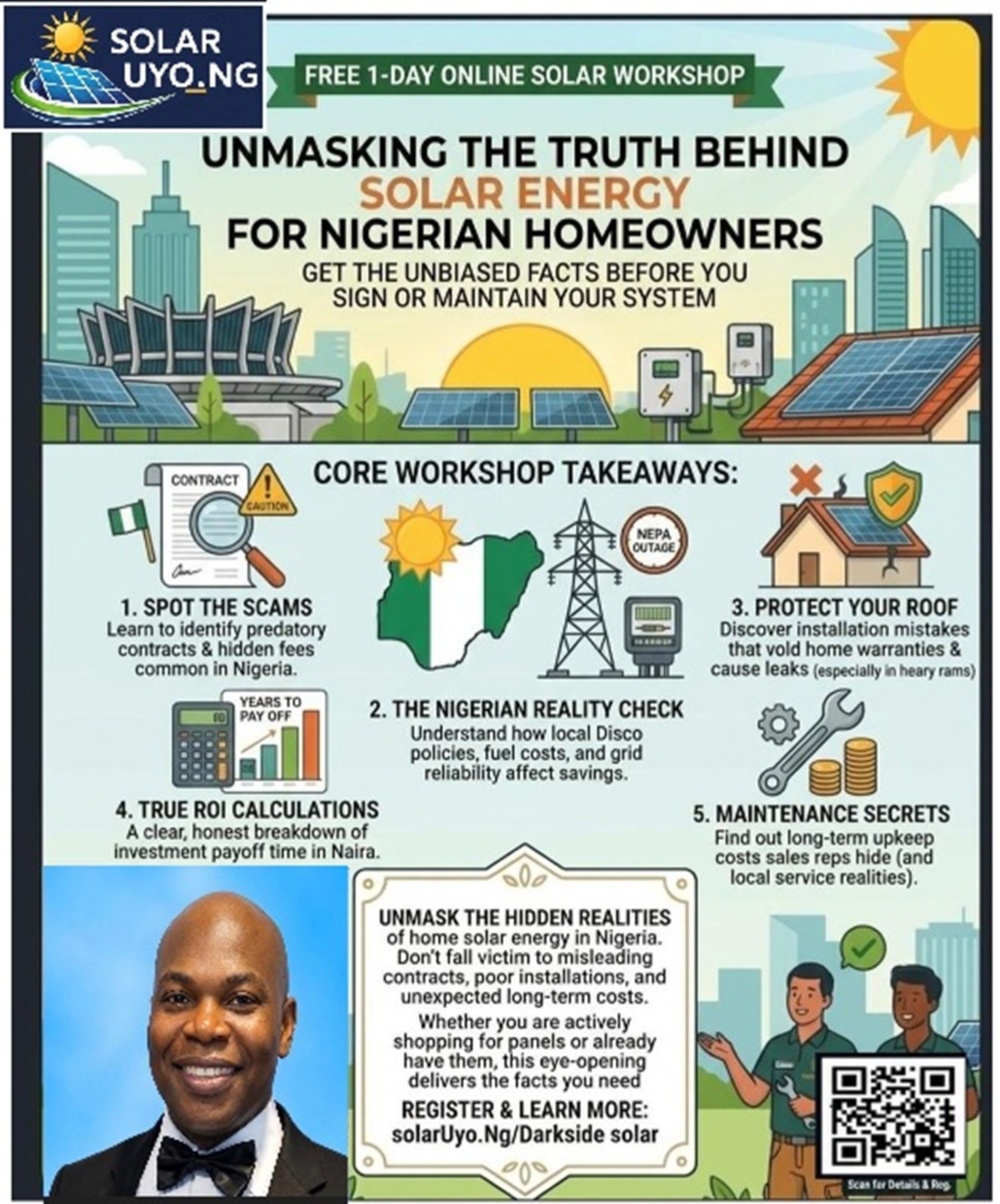 100% Free. No credit card required. Limited live slots available. Solar Energy flyer for Nigerian homeowners with workshop takeaways, illustrations, and a QR code