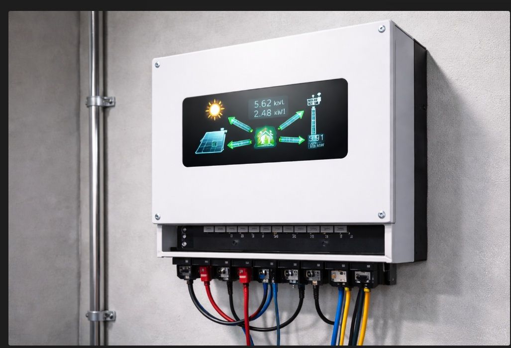 Wall-mounted electrical control box with a lit display and connected cables in an industrial setting