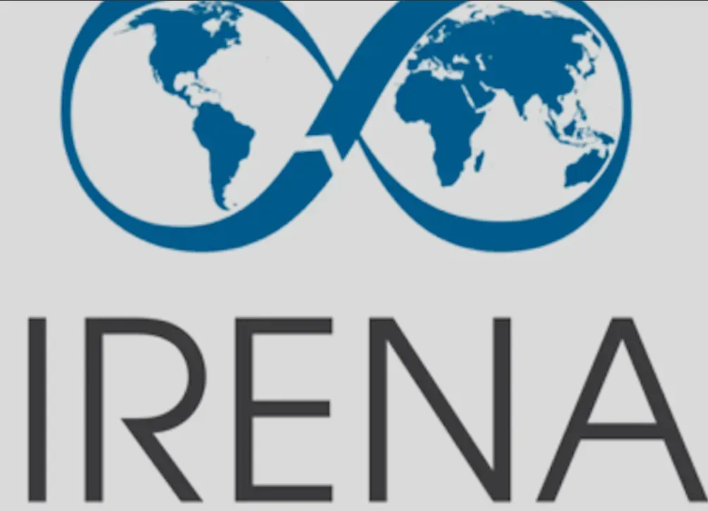 IRENA logo with blue infinity-shaped globe icon above gray text on a white background