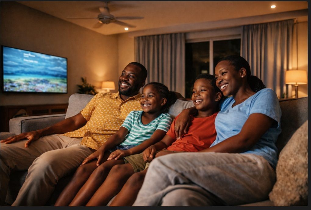 Family smiling on a couch in a cozy living room, watching TV together at night