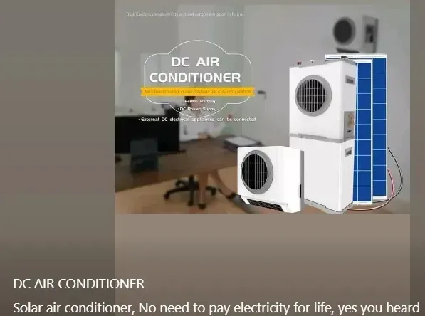 Promotional graphic for a DC air conditioner with white outdoor unit and blue solar panel in an office setting