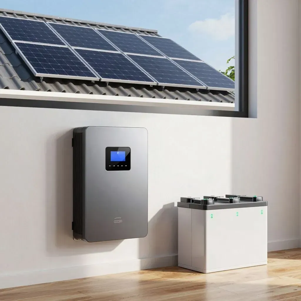 Wall-mounted home battery and floor battery under a window beside rooftop solar panels