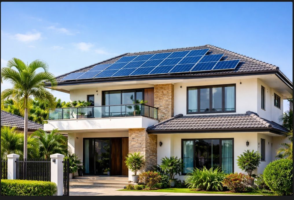 Modern two-story house with solar panels, white exterior, and landscaped front yard under a bright sky