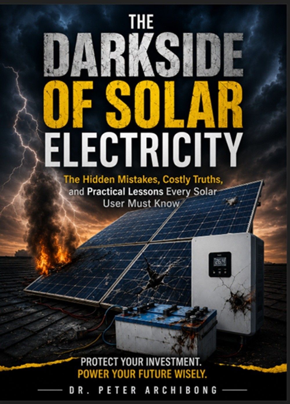 Book cover titled “The Darkside of Solar Electricity” with solar panels, flames, and a power inverter at night