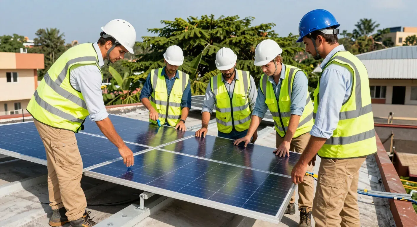 Workers in hard hats installing solar panels on a rooftop