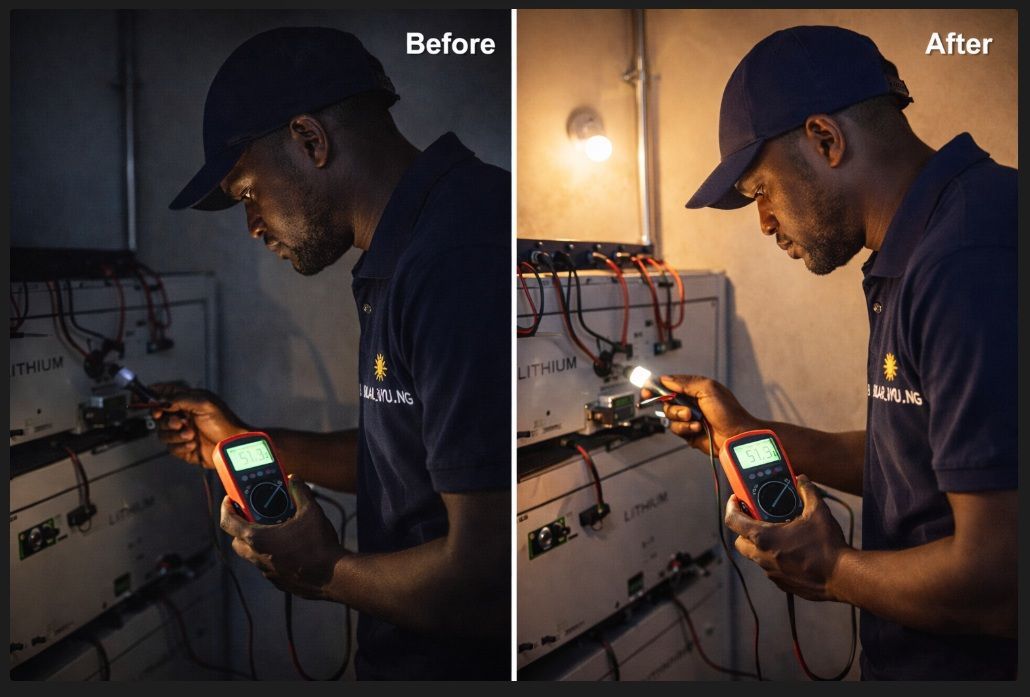 Split-screen before-and-after of a technician inspecting electrical wiring with a handheld device.